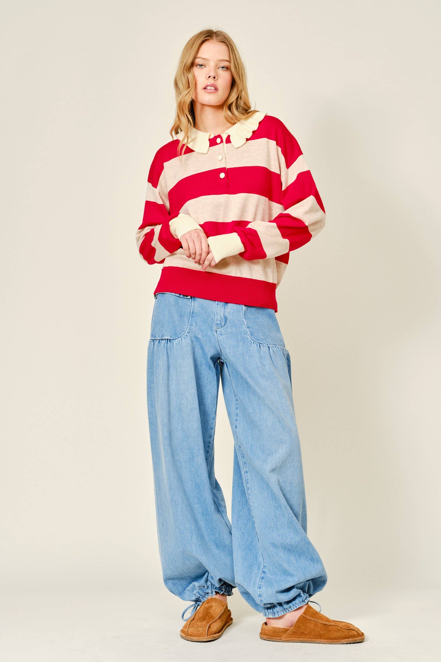 Striped Ruffle Collar Polo Style Sweater