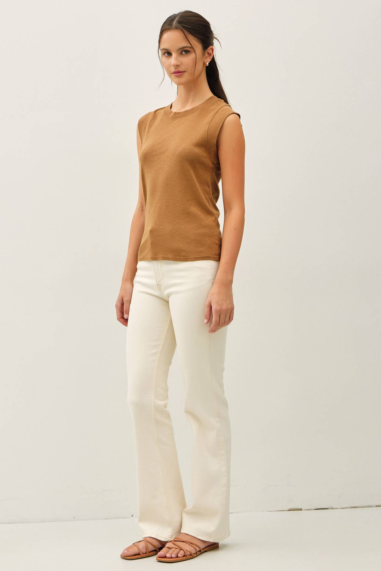 Basic Solid Cotton Crew Neck Cap Sleeve Tank Top