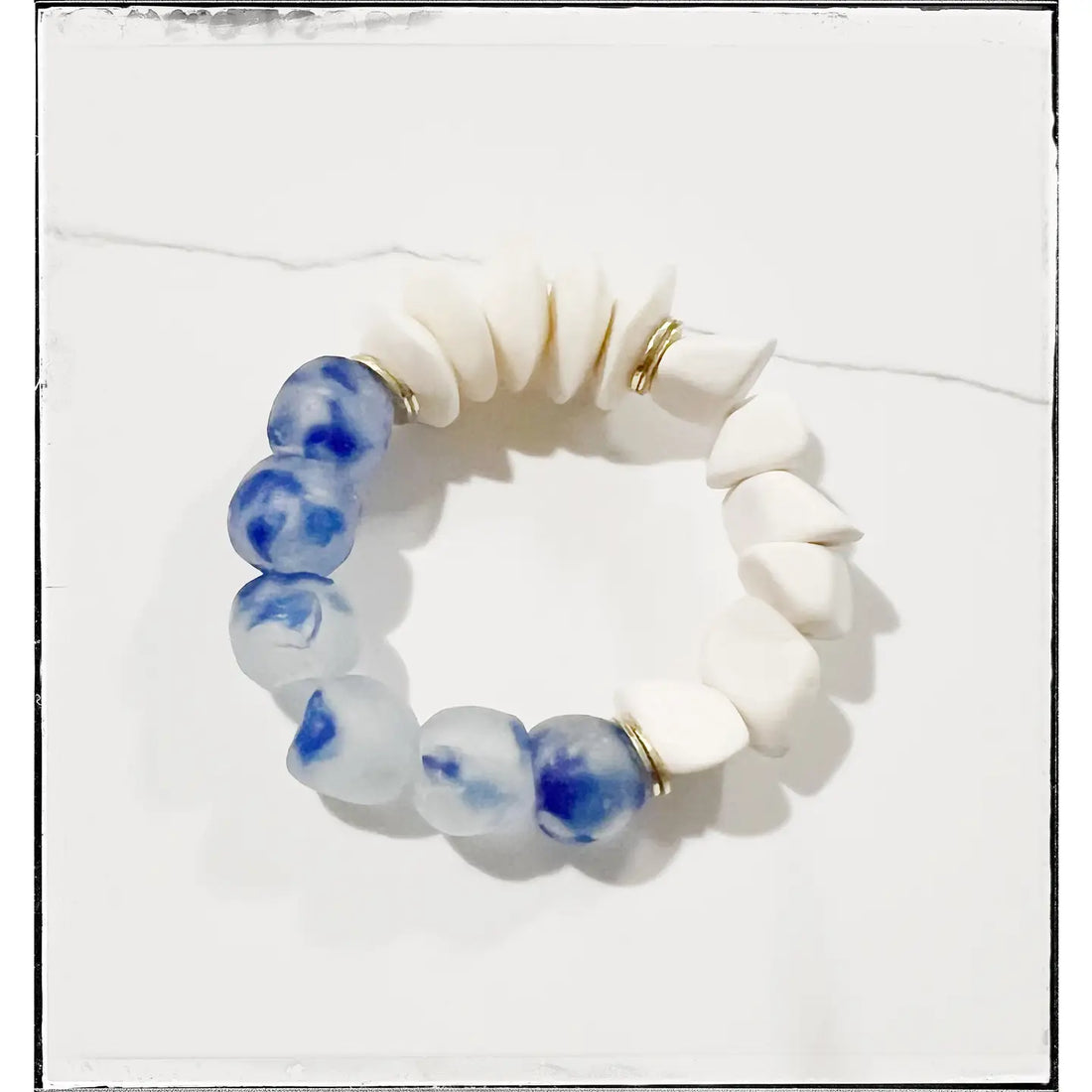 Bone, Wood Nugget, Blue Recycled Glass Stretch Bracelet