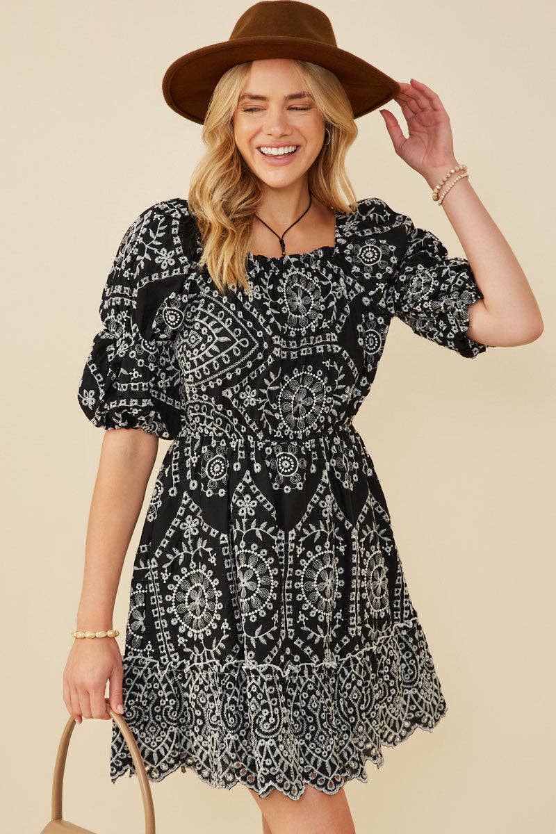 Womens Eyelet Embroidered Puff Sleeve Scallop Hem Dress