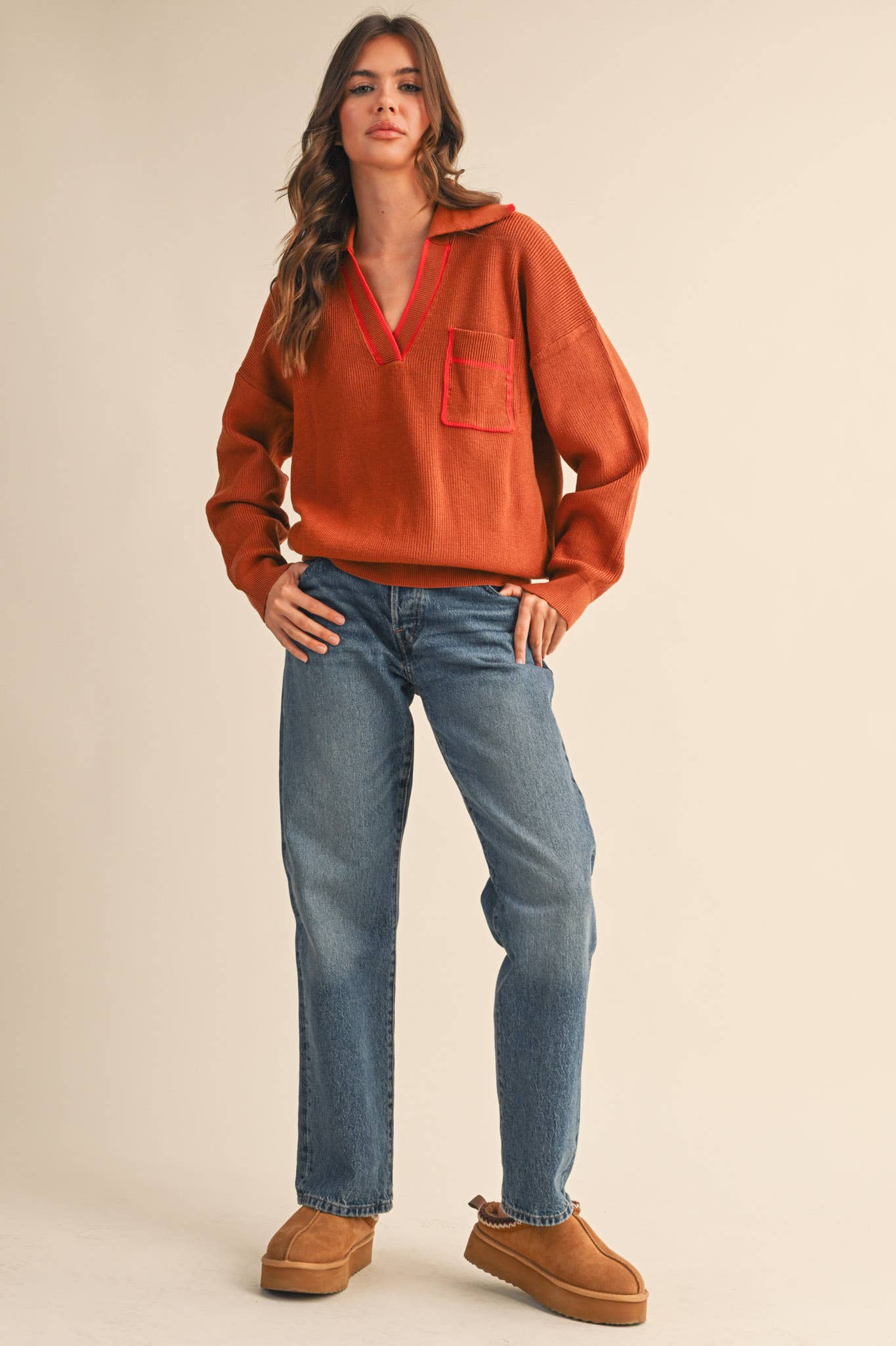 Ribbed Collared Pullover Sweater