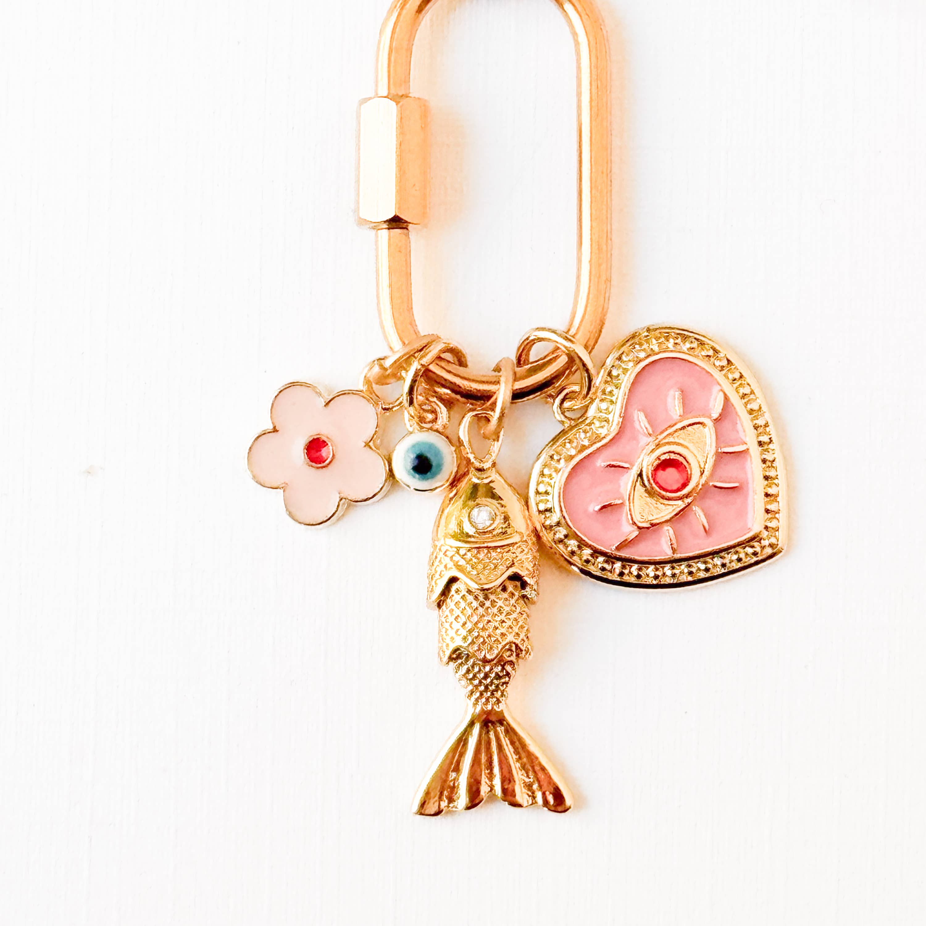 Gold Carabiner Charm Necklace with Fish &amp; Pink Heart Charms