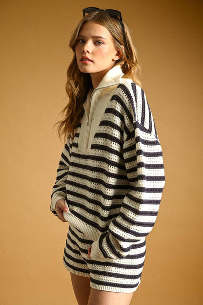 Stripe Pattern Half Zip Sweater Top