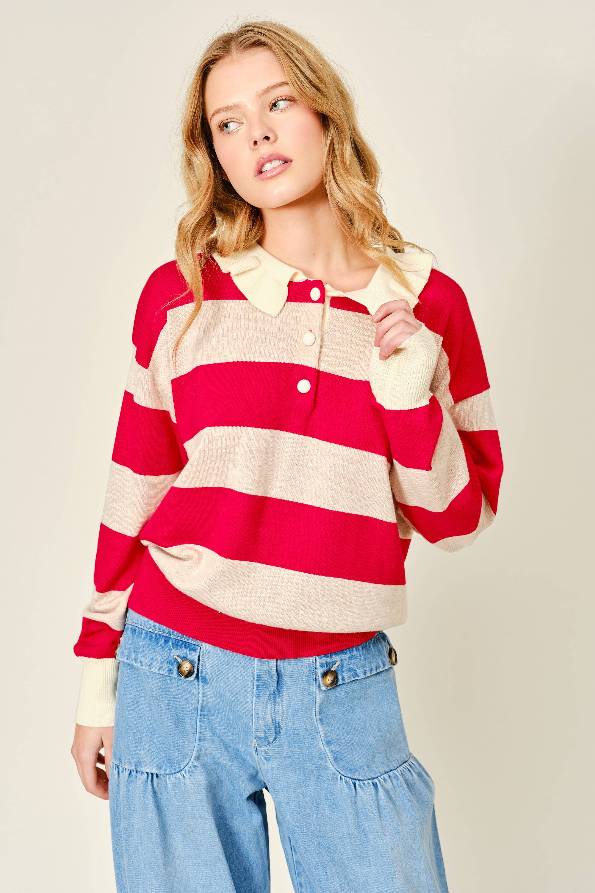 Striped Ruffle Collar Polo Style Sweater