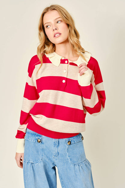 Striped Ruffle Collar Polo Style Sweater