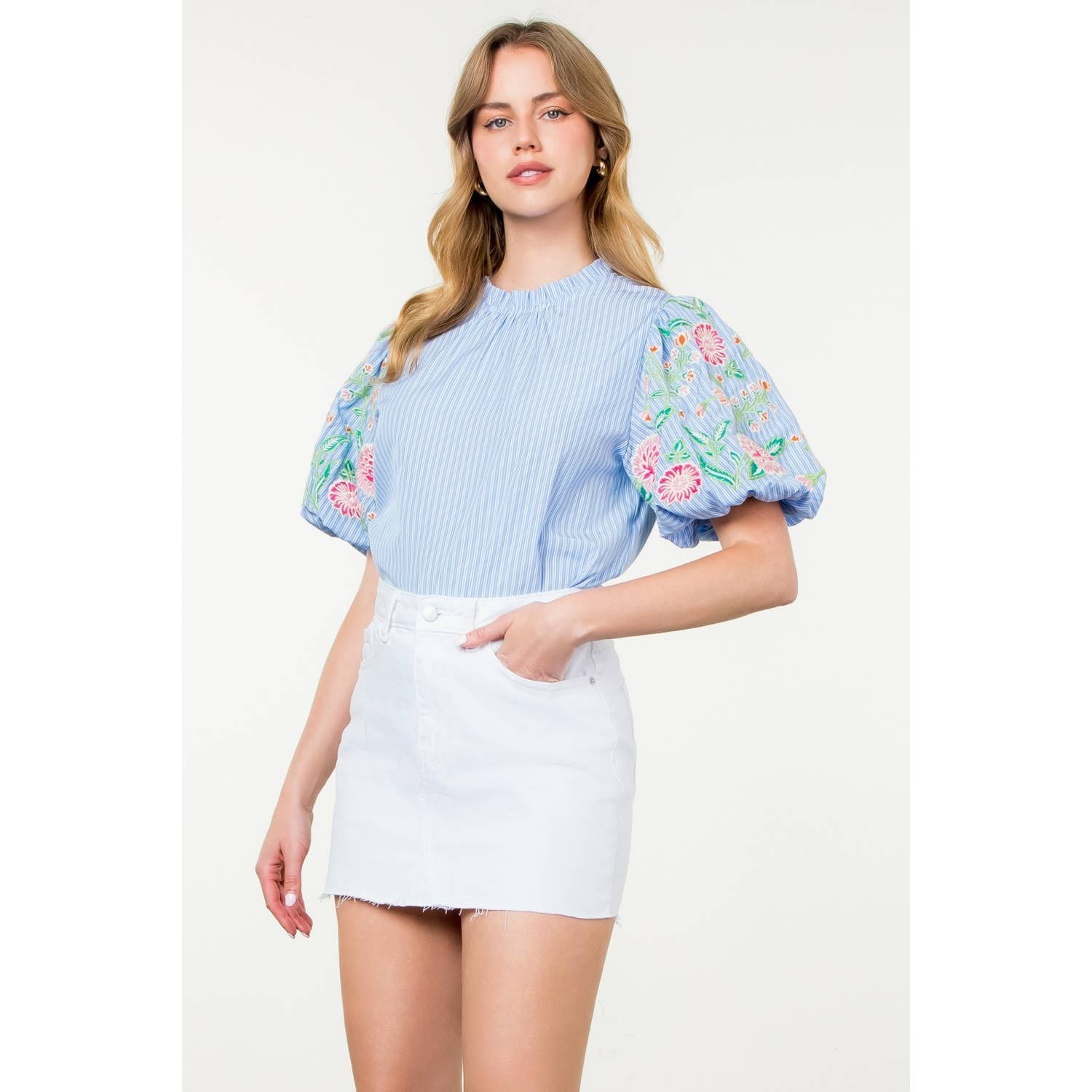 Embroidered Puff Sleeve Striped Top