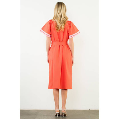 Short Sleeve Trimmed V-Neck Belted Dress