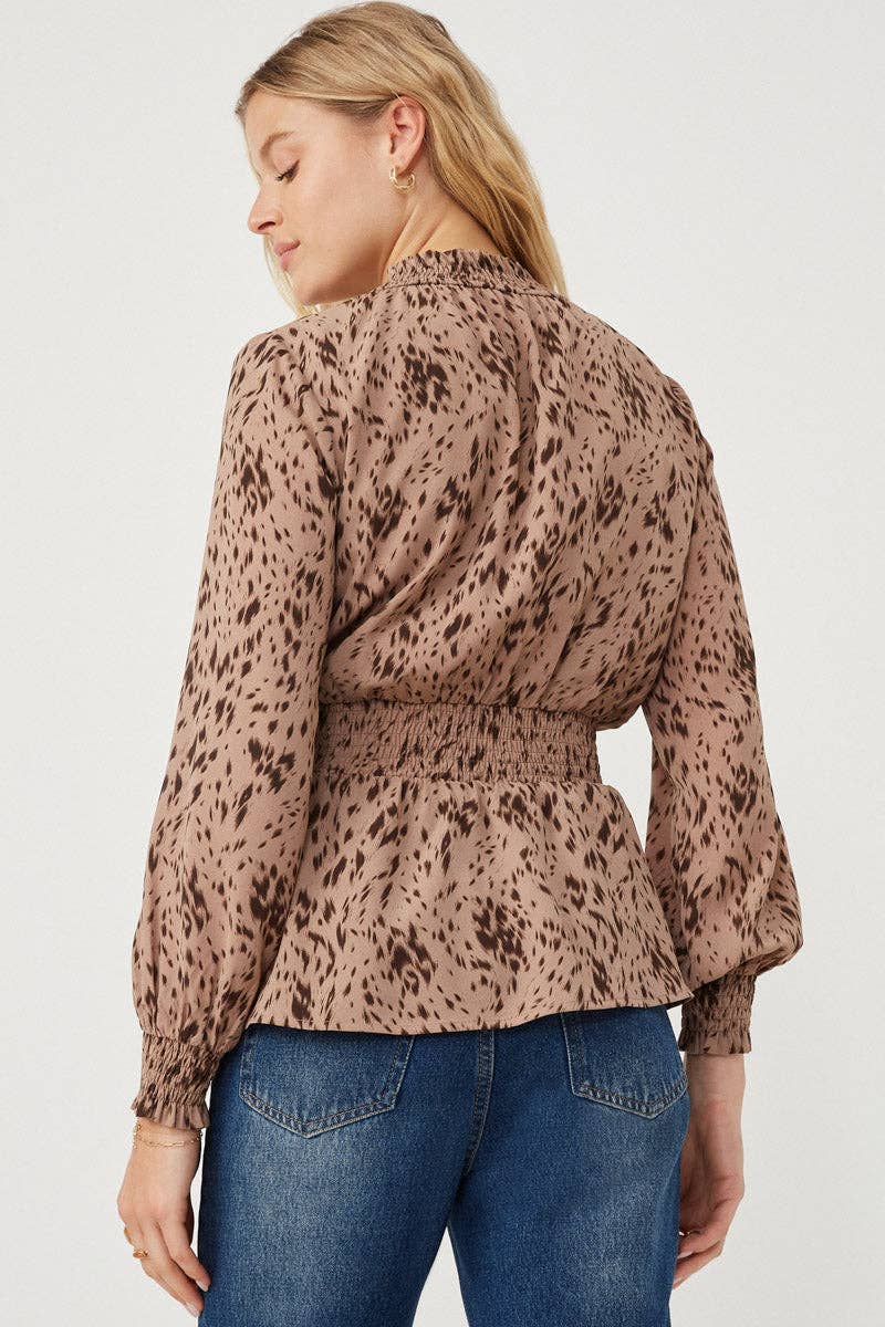 Womens Animal Print Smocked Collar Top