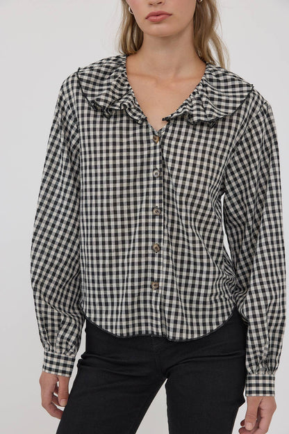 Gingham Ruffle Collar Button-Up Blouse