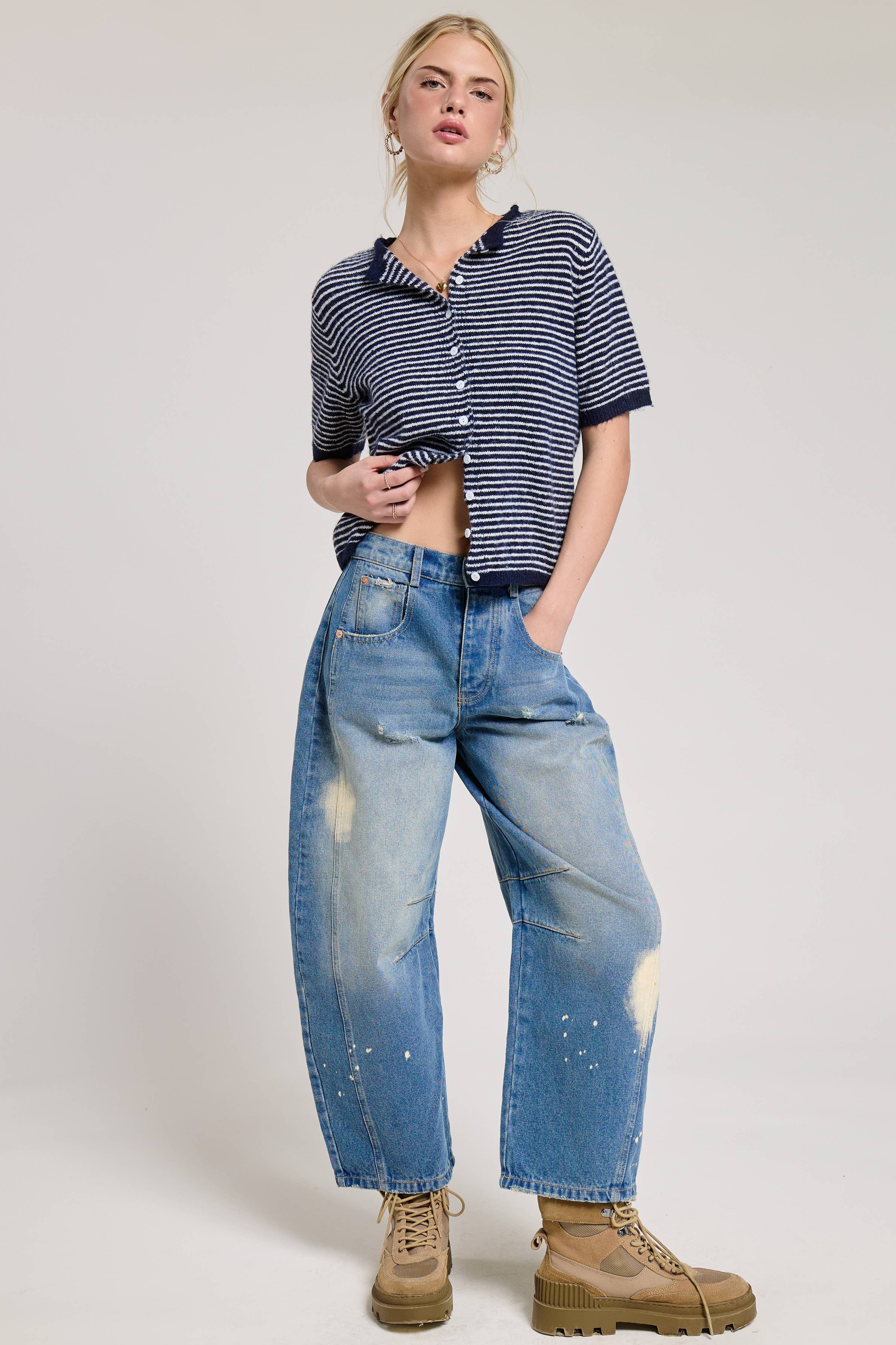 Striped Short Sleeve Button Cardigan