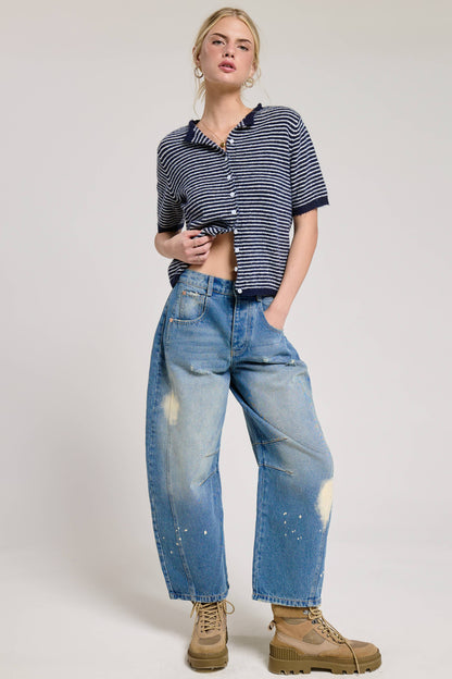 Striped Short Sleeve Button Cardigan