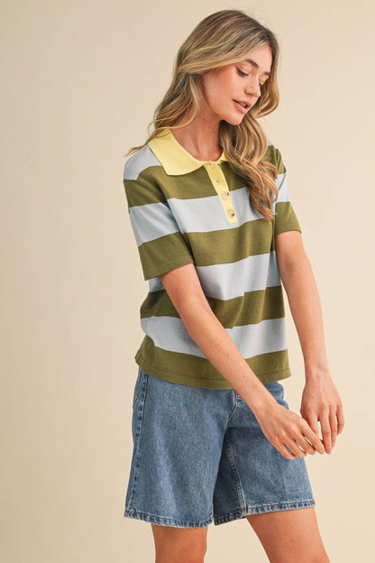 Striped Sweater Knit Short Sleeve Polo