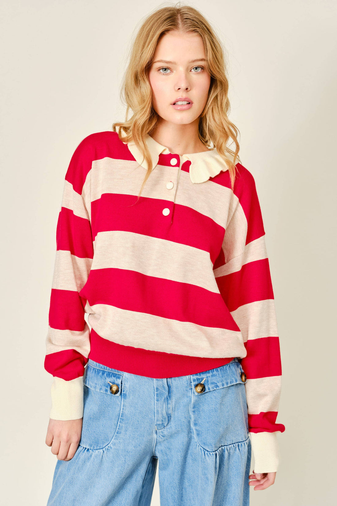 Striped Ruffle Collar Polo Style Sweater