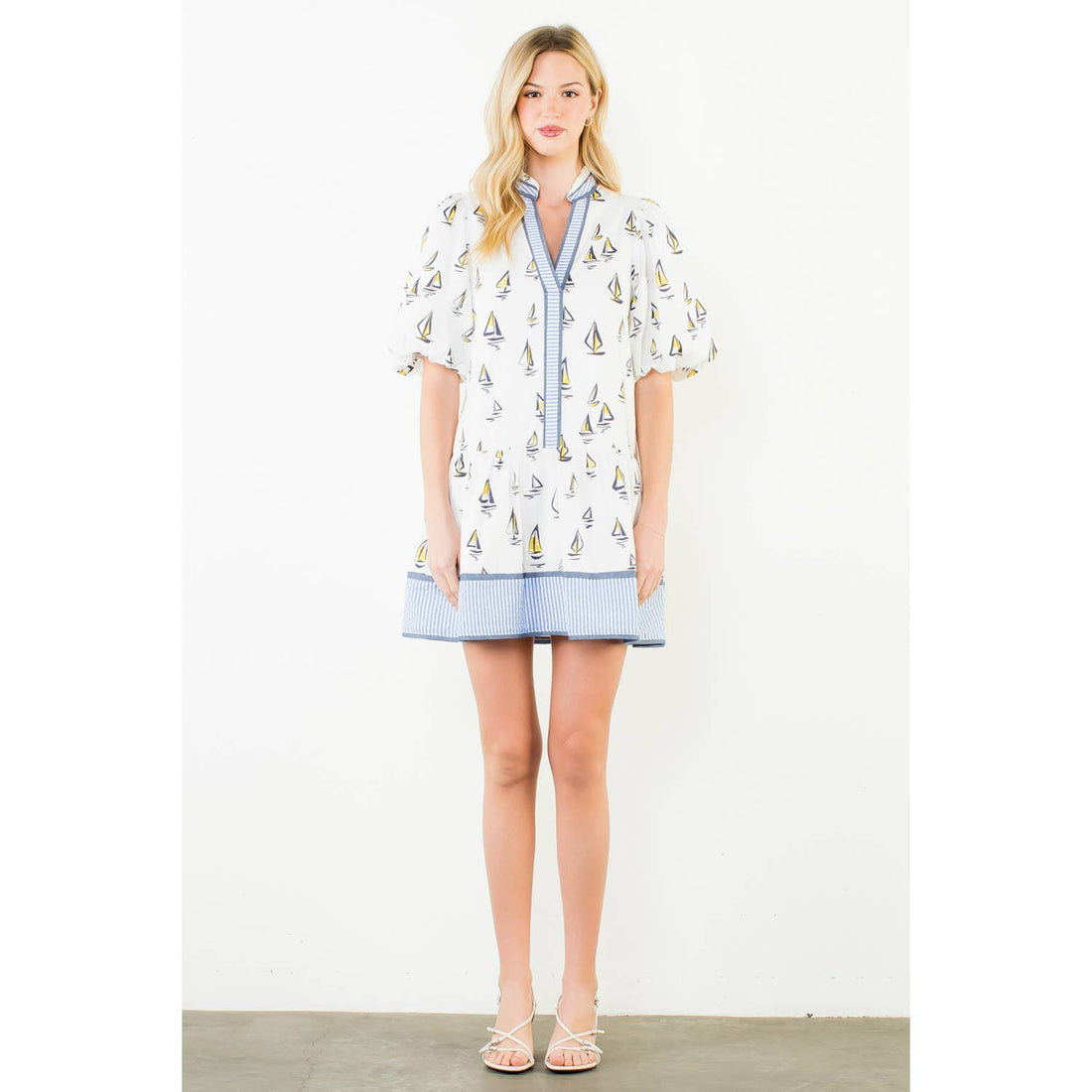 Puff Sleeve Sailboat Pattern Dress