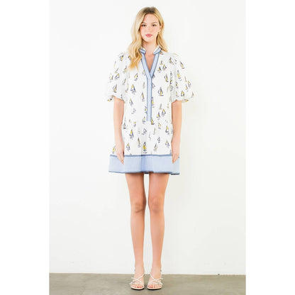 Puff Sleeve Sailboat Pattern Dress