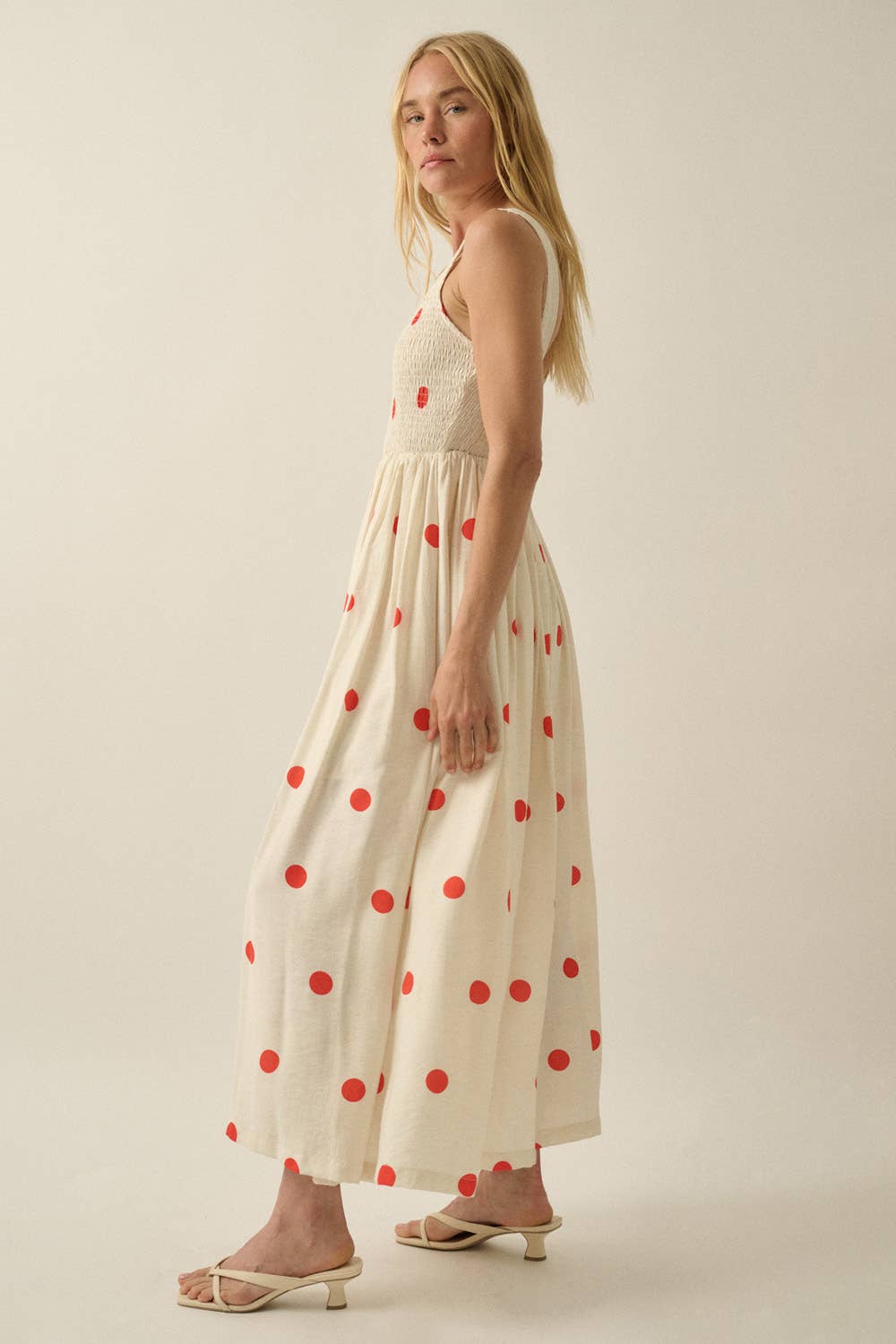 Polka Dot-Print Smocked Sleeveless Pocket Maxi Dress