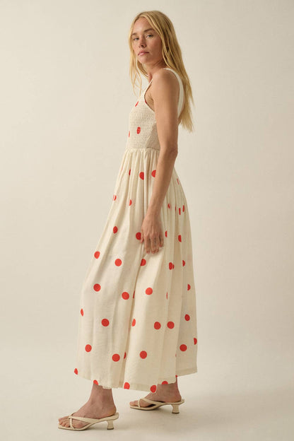Polka Dot-Print Smocked Sleeveless Pocket Maxi Dress