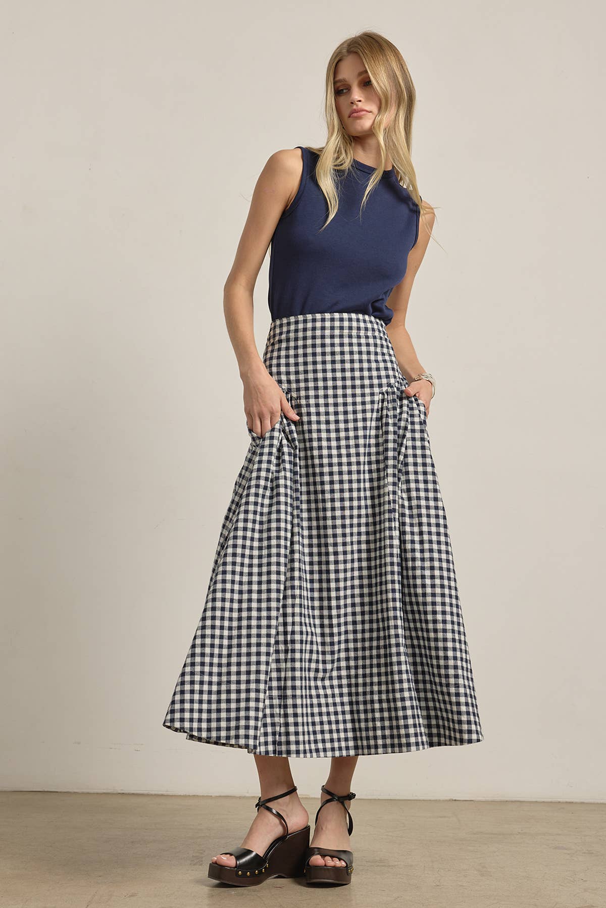 Gingham Check Midi Skirt