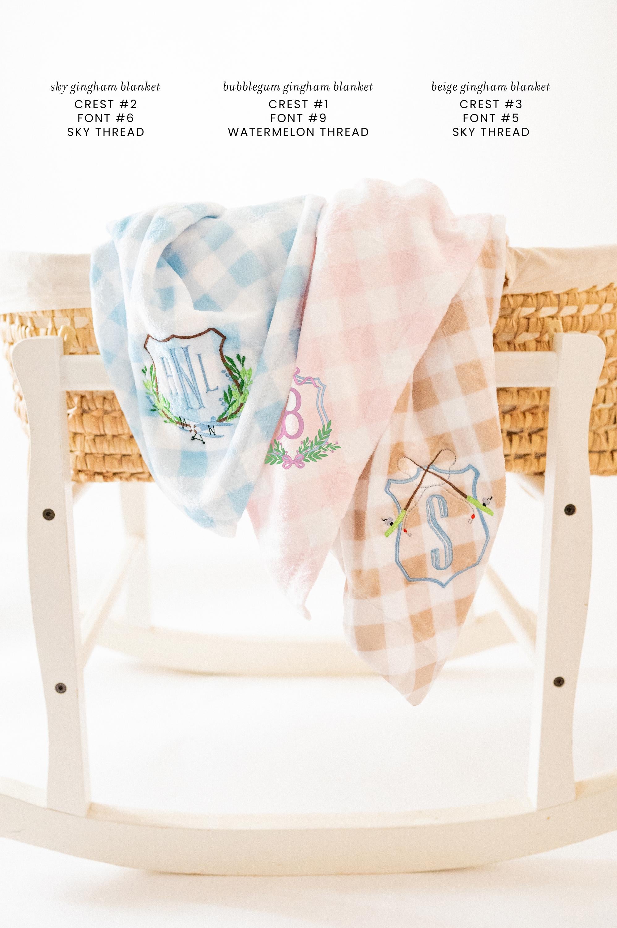 Minky Gingham Baby Blanket with Embroidered Crest Monograms