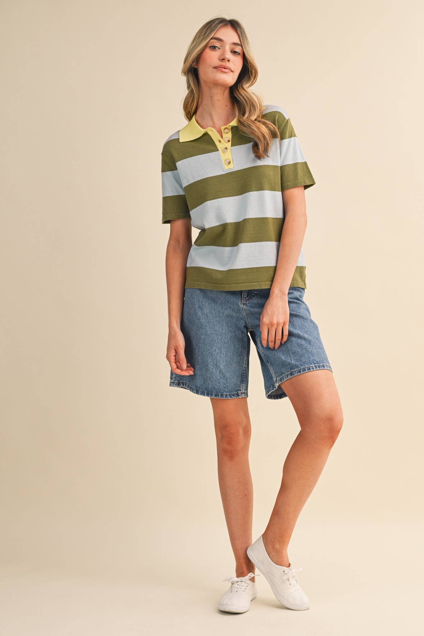 Striped Sweater Knit Short Sleeve Polo