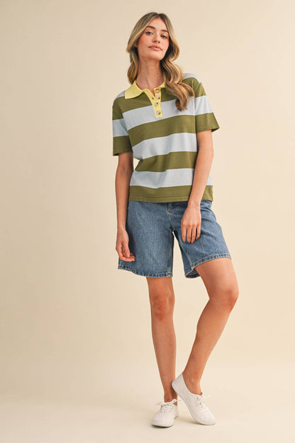 Striped Sweater Knit Short Sleeve Polo