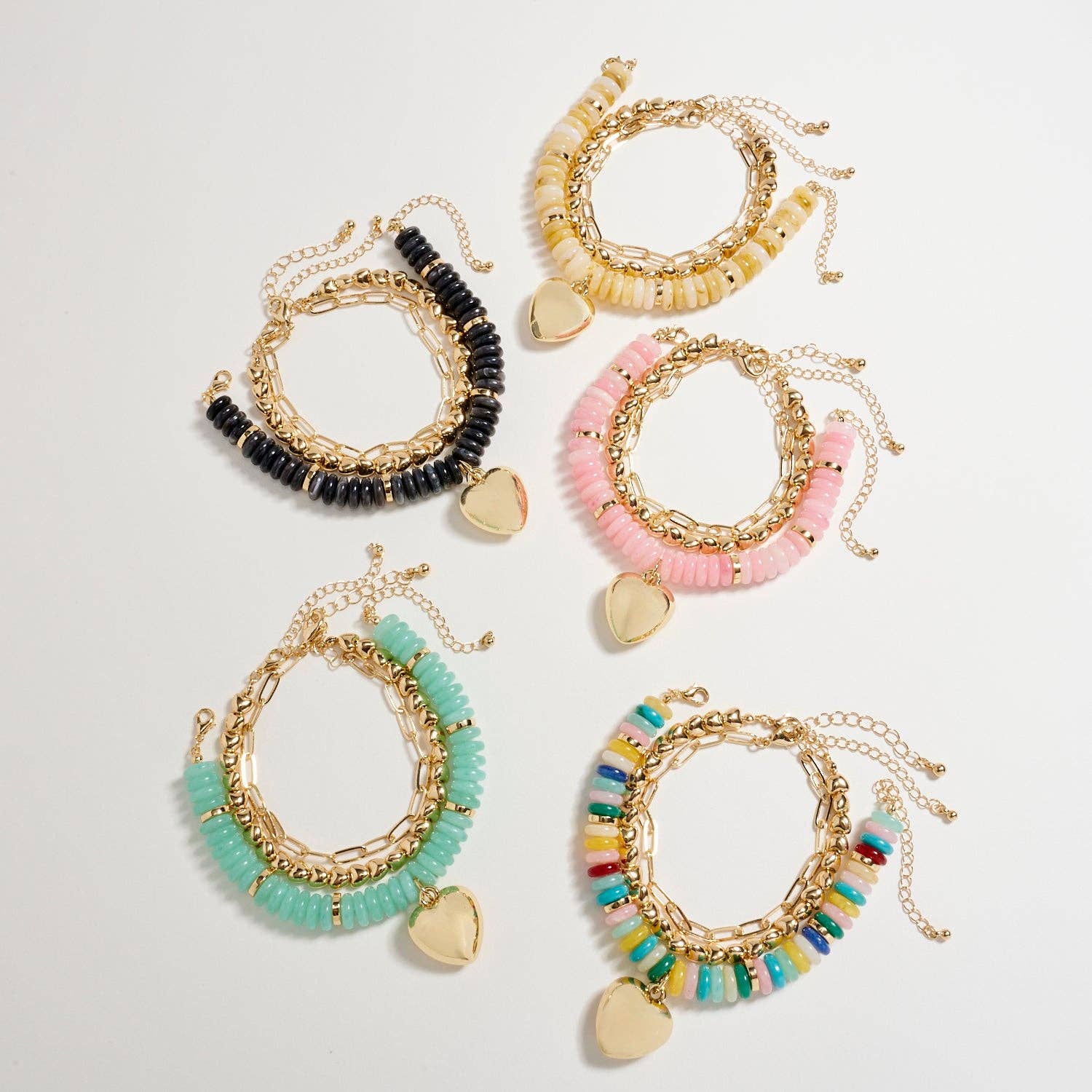 Gold Heart Charm Beaded Bracelet Set