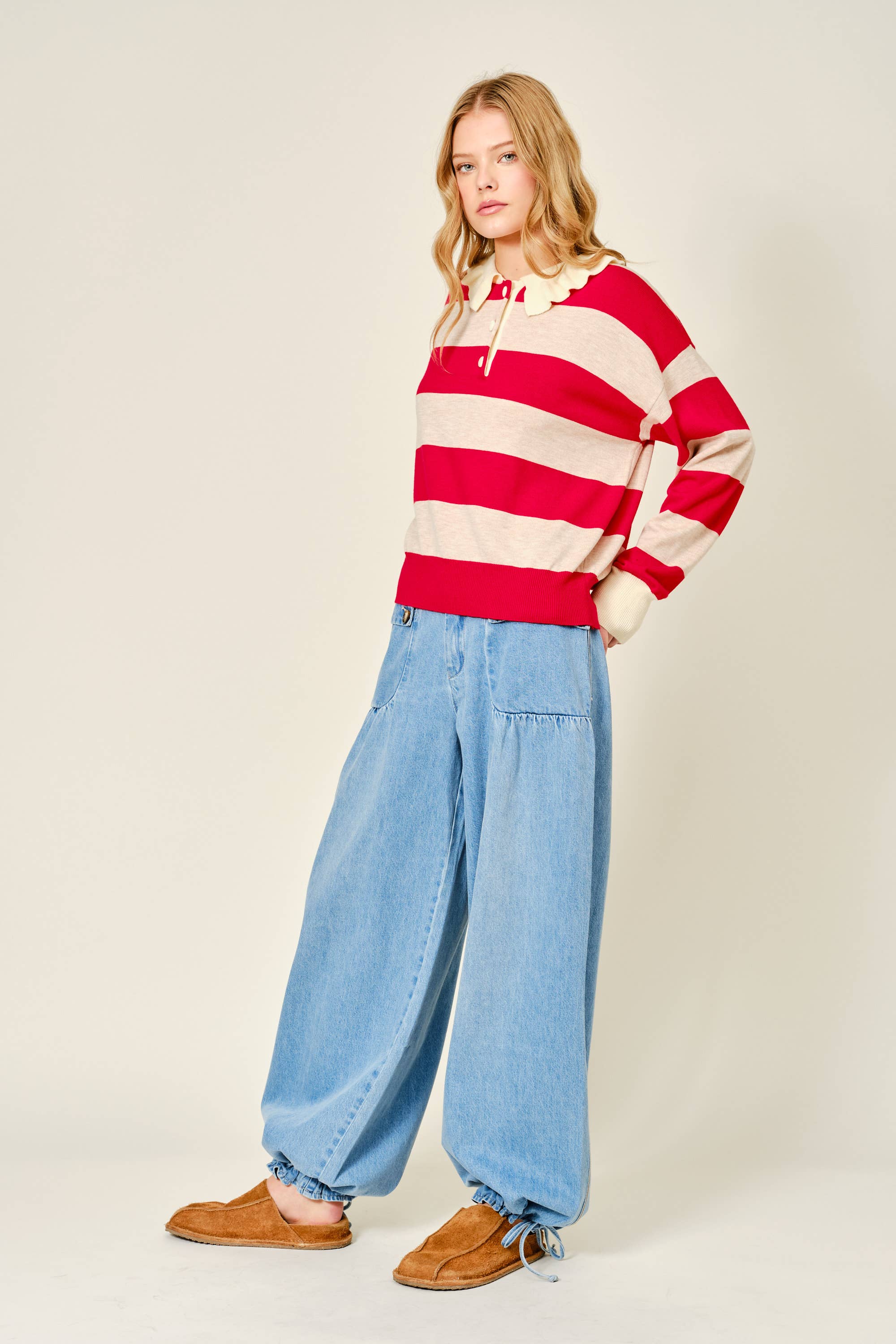 Striped Ruffle Collar Polo Style Sweater