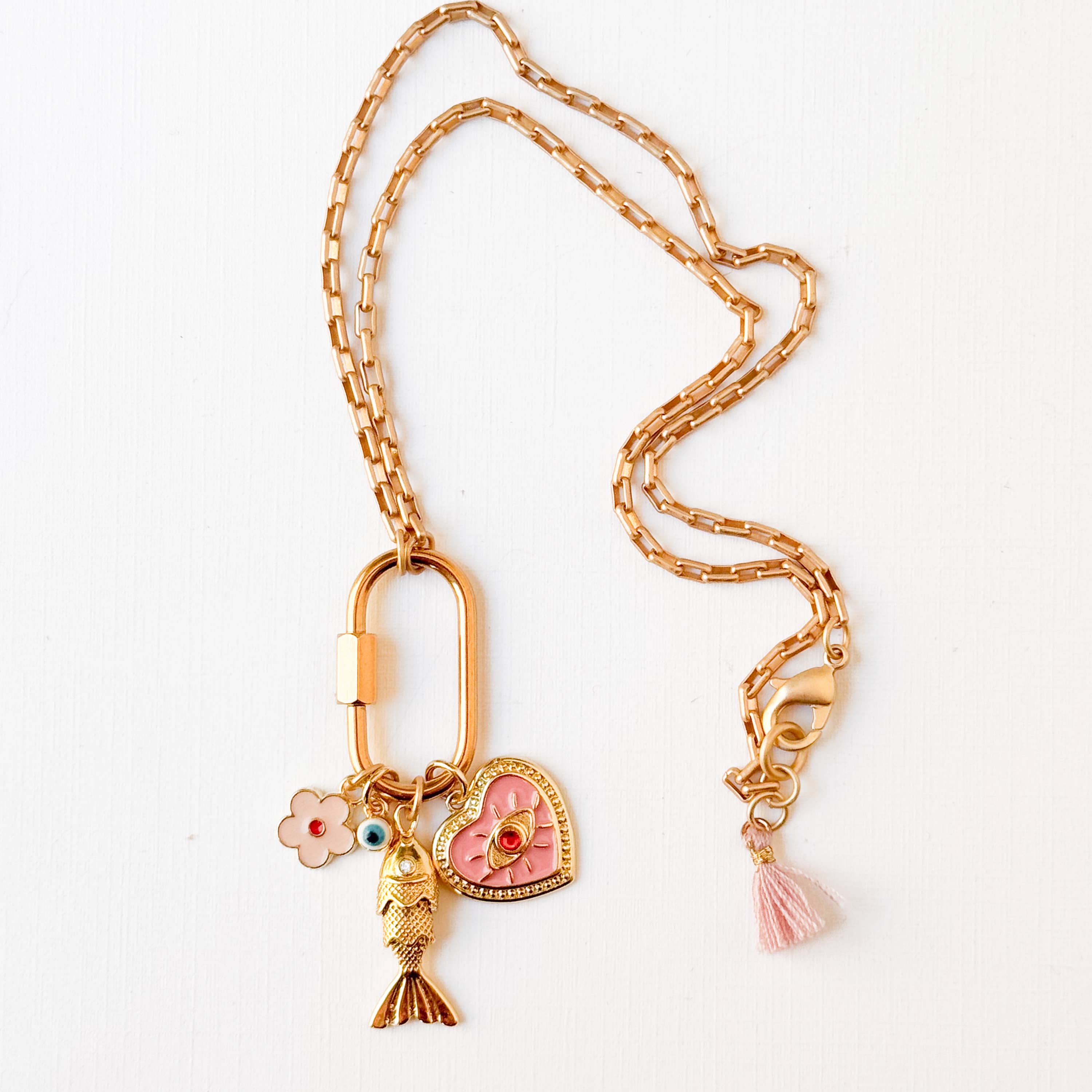 Gold Carabiner Charm Necklace with Fish &amp; Pink Heart Charms