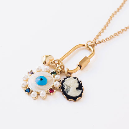 Evil Eye &amp; Cameo Charm Necklace with Gold Carabiner