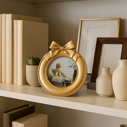 Round Gold Photo Frame with Bow Ribbon Detail - 4x4 Inch