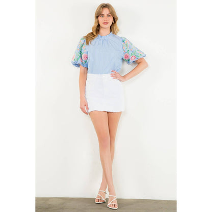 Embroidered Puff Sleeve Striped Top