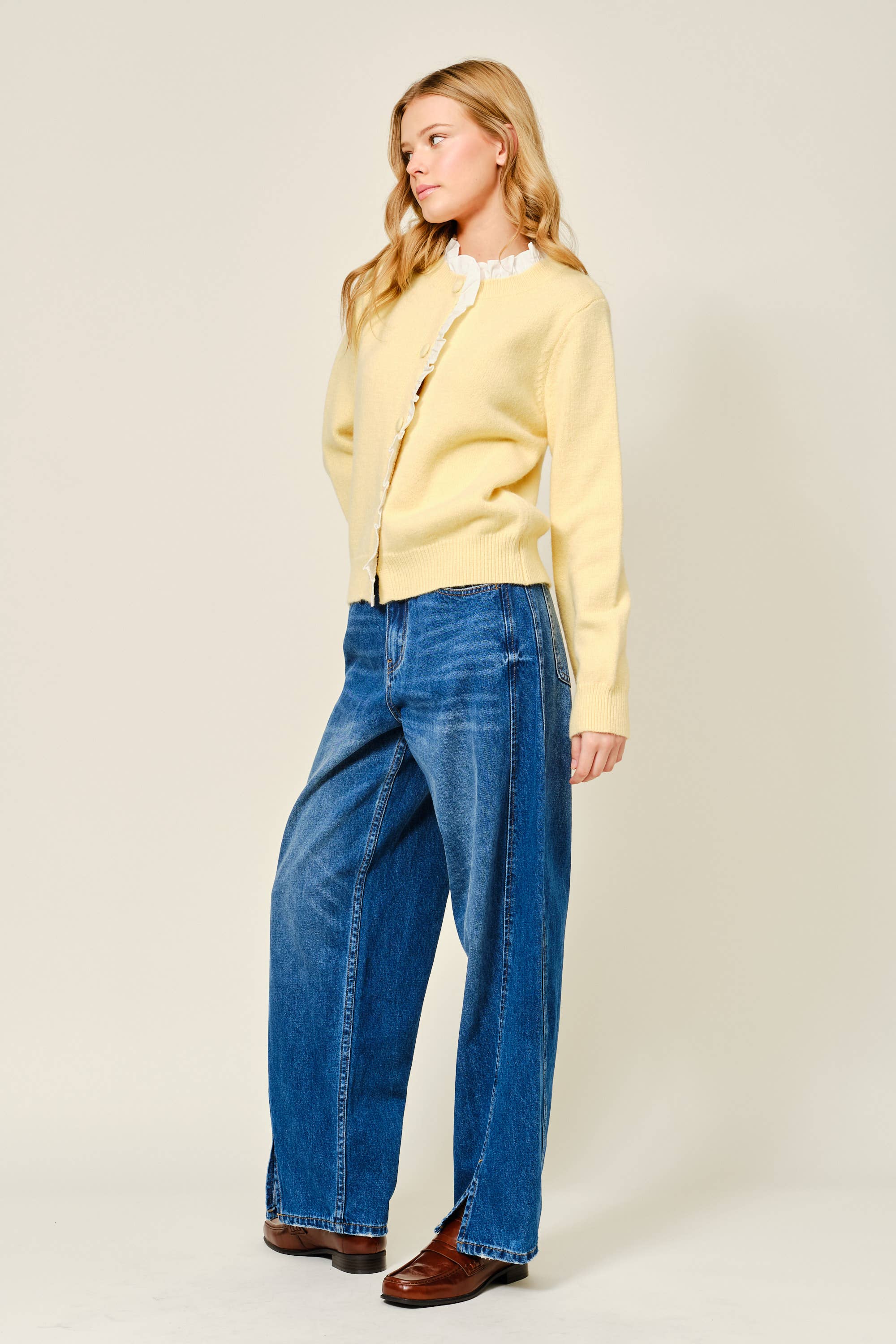 Contrast Ruffle Trim Knit Cardigan