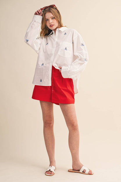 Sailboat Embroidery Button Down Shirt
