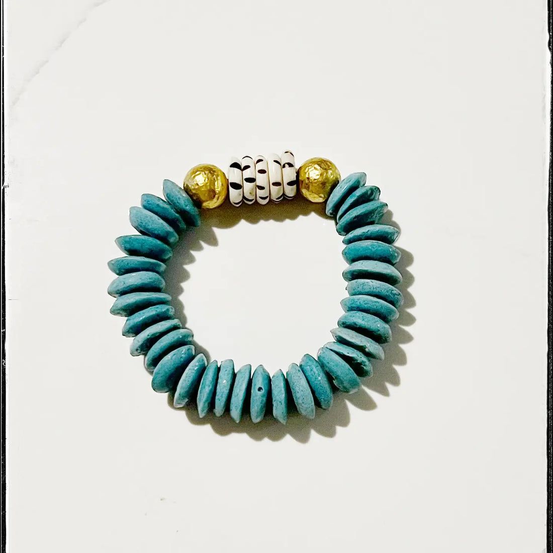 Glass &amp; Brass Bead Stretch Bracelet- Light Teal