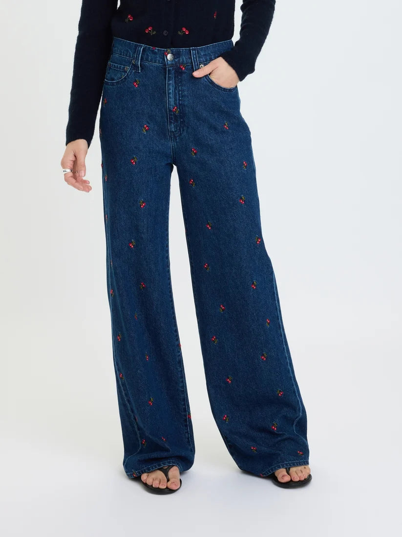 DAZE Cherry Embroidered High Rise Wide Leg Denim Pants