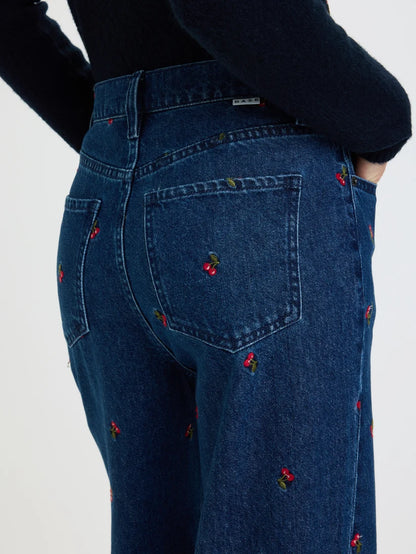 DAZE Cherry Embroidered High Rise Wide Leg Denim Pants
