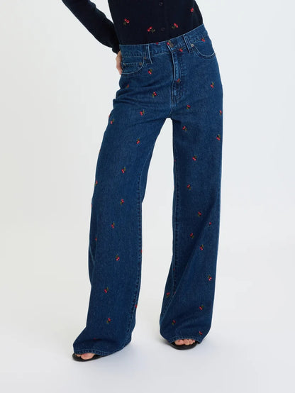 DAZE Cherry Embroidered High Rise Wide Leg Denim Pants