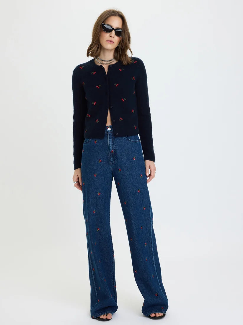 DAZE Cherry Embroidered High Rise Wide Leg Denim Pants