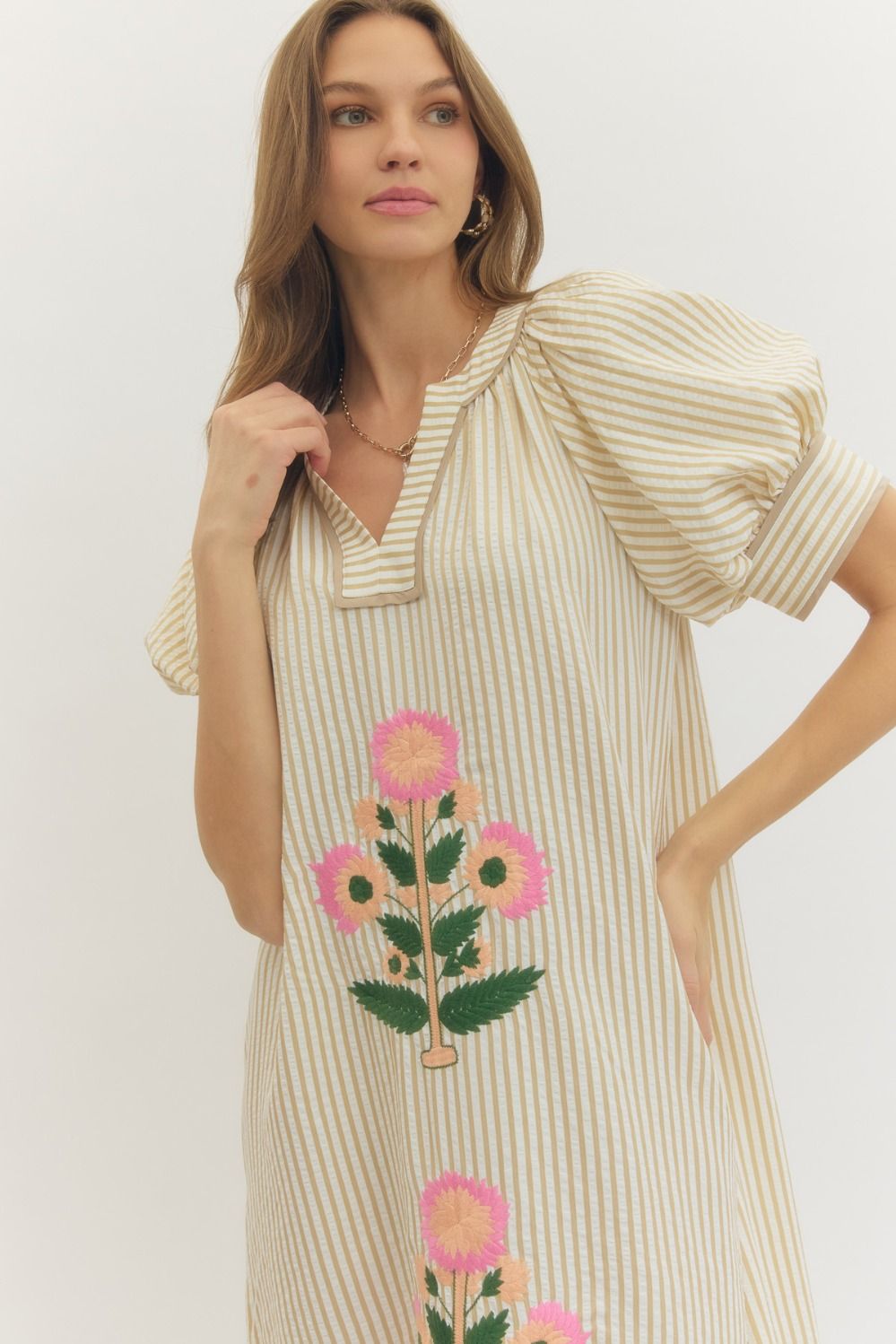 Oatmeal Striped Midi Dress with Floral Embroidery