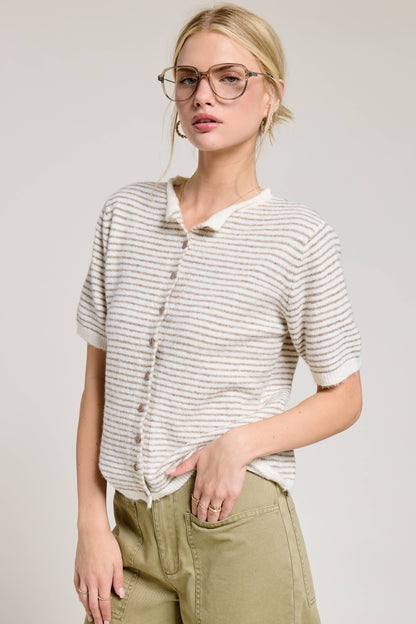 Striped Short Sleeve Button Cardigan