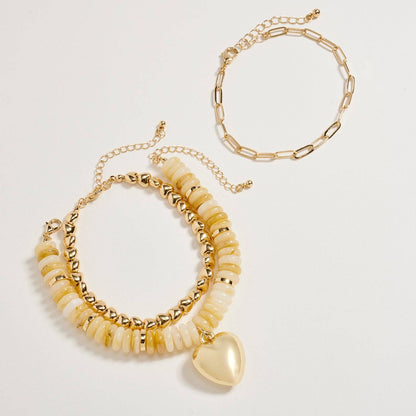 Gold Heart Charm Beaded Bracelet Set