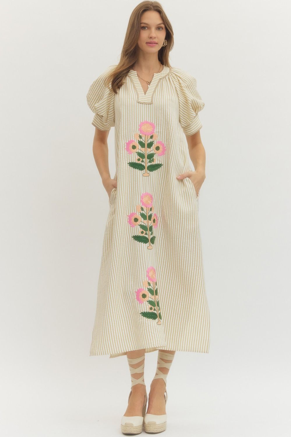 Oatmeal Striped Midi Dress with Floral Embroidery