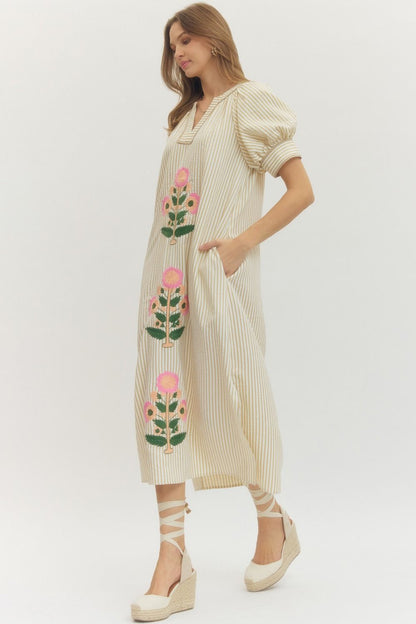 Oatmeal Striped Midi Dress with Floral Embroidery