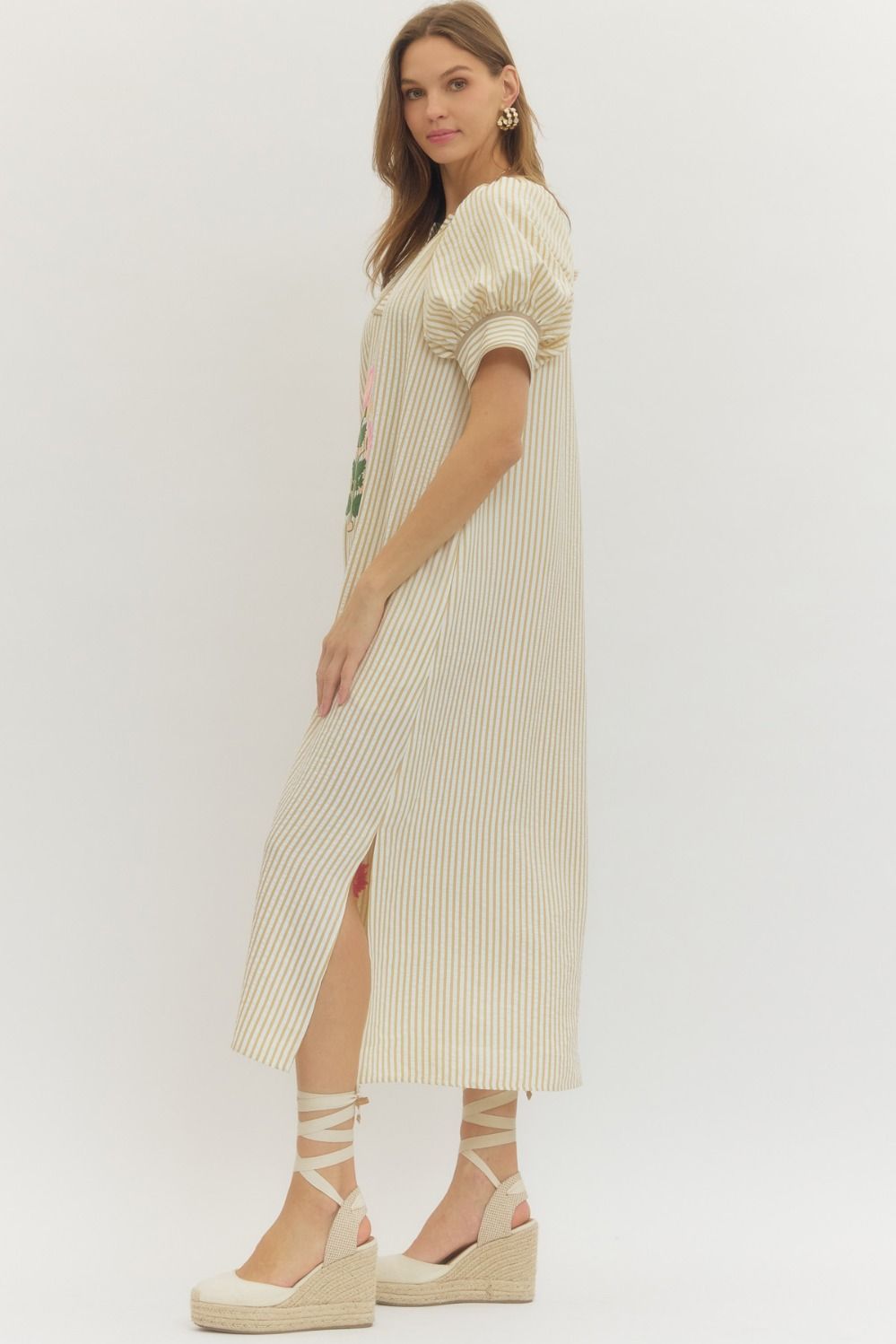 Oatmeal Striped Midi Dress with Floral Embroidery