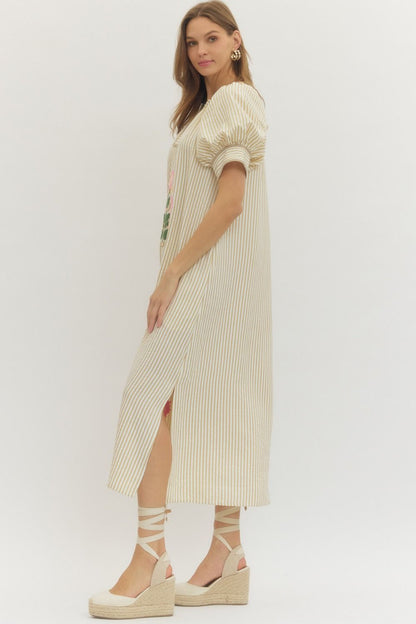 Oatmeal Striped Midi Dress with Floral Embroidery