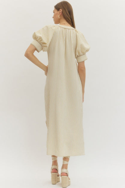 Oatmeal Striped Midi Dress with Floral Embroidery