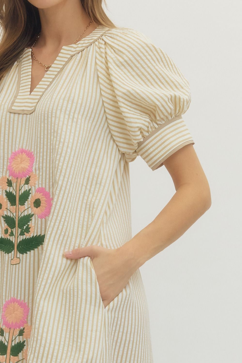 Oatmeal Striped Midi Dress with Floral Embroidery