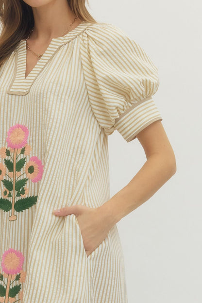 Oatmeal Striped Midi Dress with Floral Embroidery