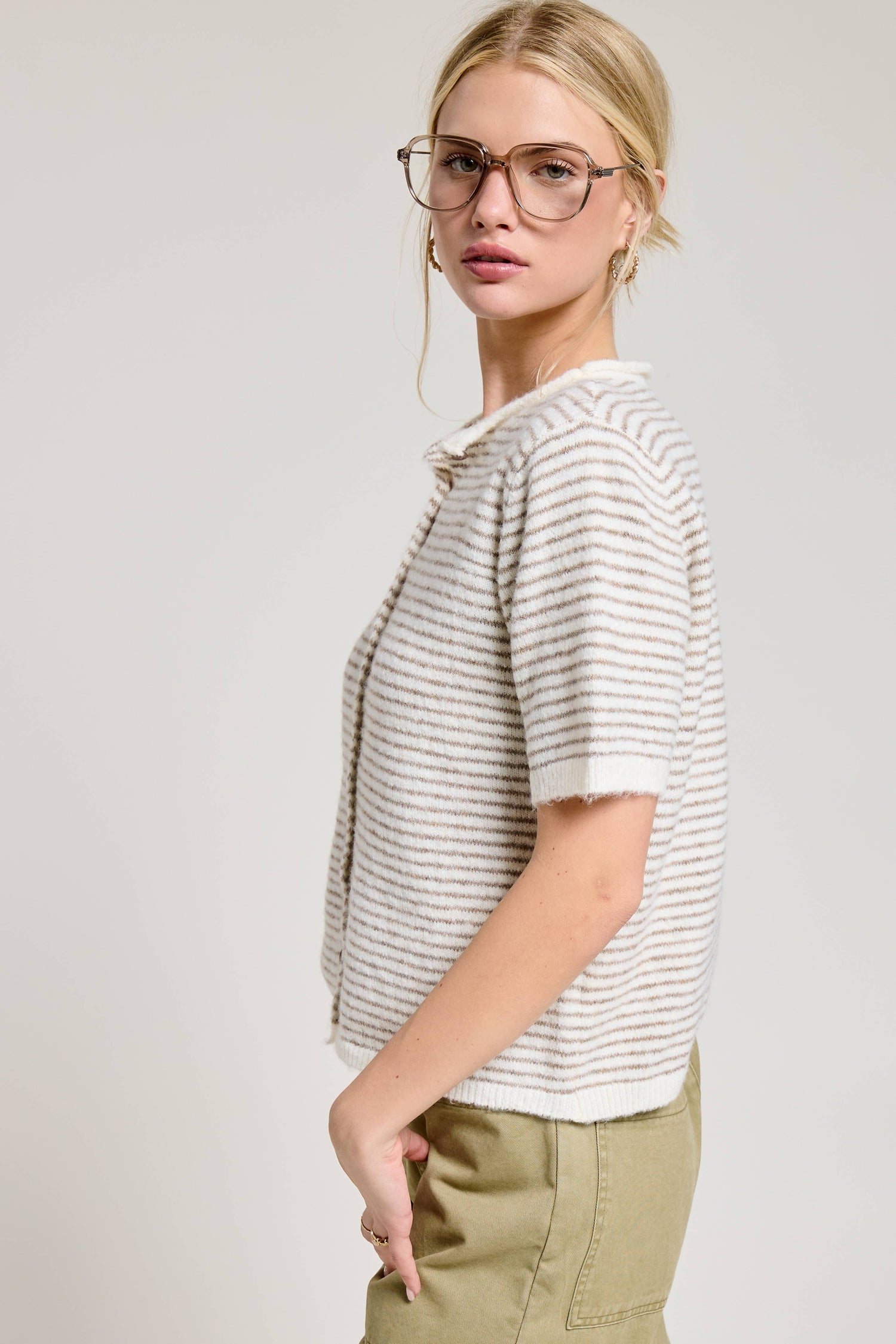 Striped Short Sleeve Button Cardigan