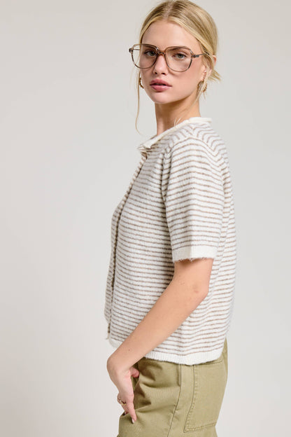 Striped Short Sleeve Button Cardigan